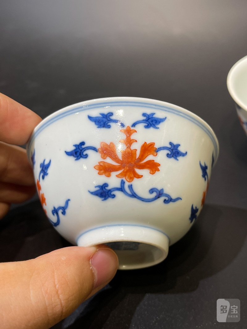 清道光 青花矾红宝相花纹茶圆一对 - 图4